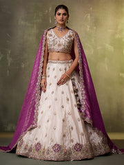 Beige Designer Lehenga Choli with Purple Banarasi Silk Dupatta