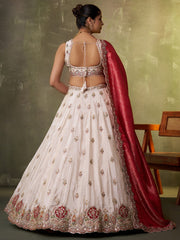 Beige Designer Lehenga Choli with Red Banarasi Silk Dupatta