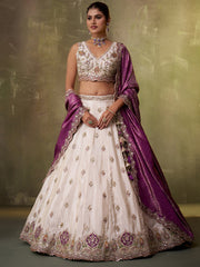 Beige Designer Lehenga Choli with Purple Banarasi Silk Dupatta