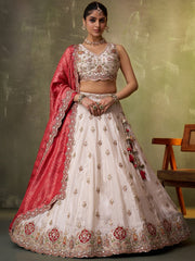 Beige Designer Lehenga Choli with Red Banarasi Silk Dupatta