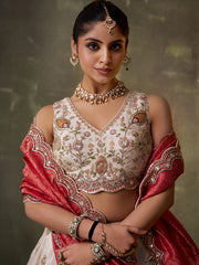 Beige Designer Lehenga Choli with Red Banarasi Silk Dupatta