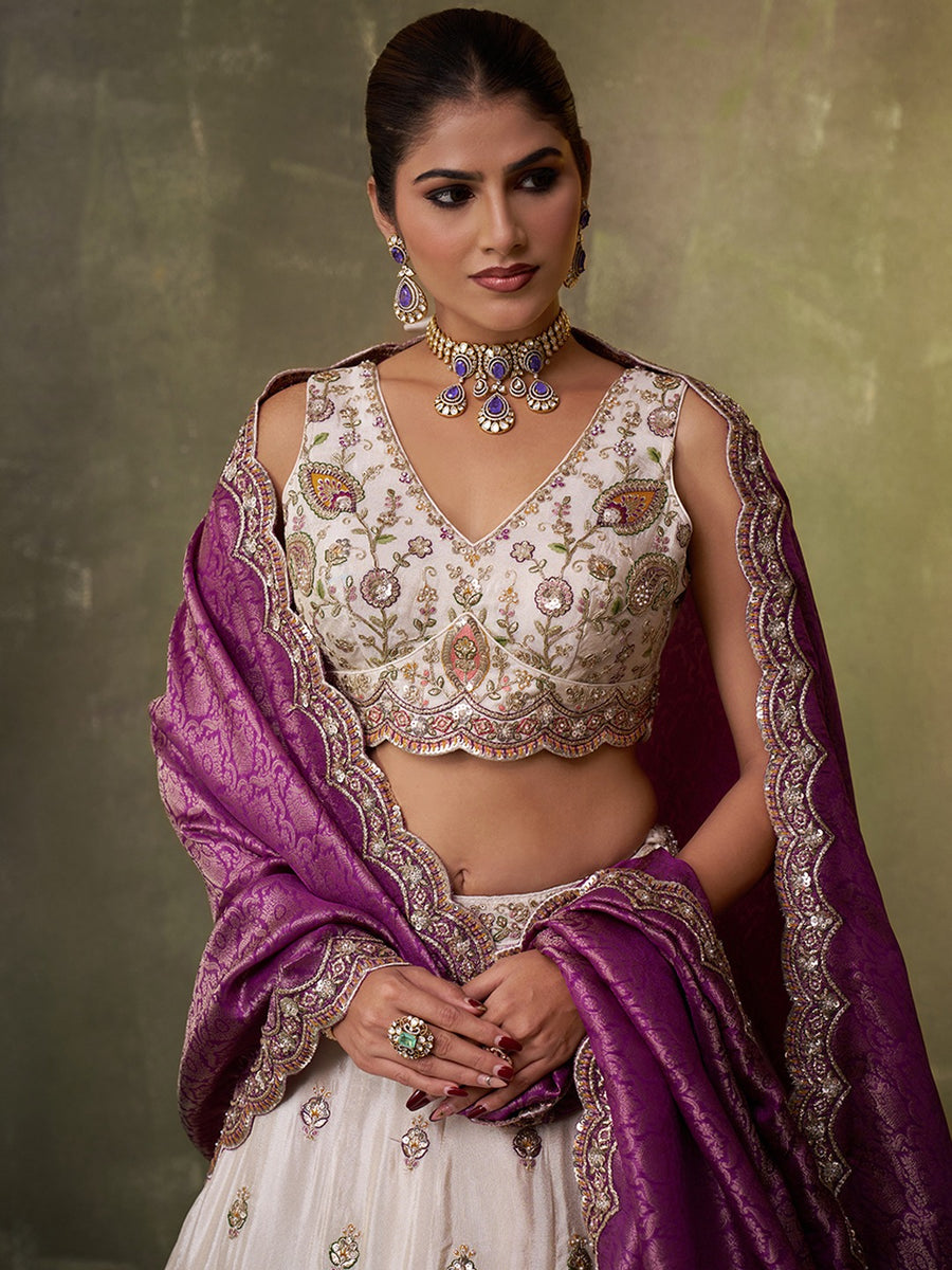Beige Designer Lehenga Choli with Purple Banarasi Silk Dupatta