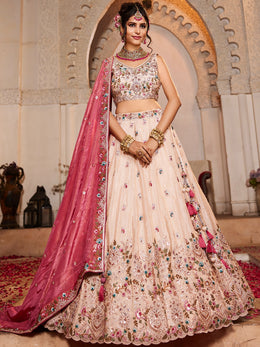 Light Pink & Beige Tissue Designer Lehenga Choli with Beads Work