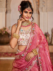 Light Pink & Beige Tissue Designer Lehenga Choli with Beads Work