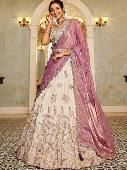 Light Pink & Beige Tissue Designer Lehenga Choli with Beads Work