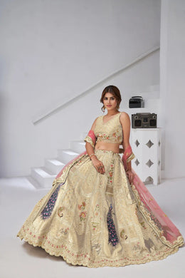 Beige Sequins  Silk Wedding Lehenga with Leaf Embroidery & Peacock Motifs