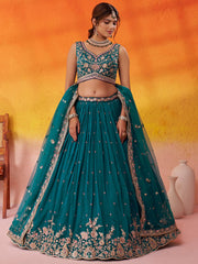 Teal Georgette Trendy Lehenga Choli with Beads Work