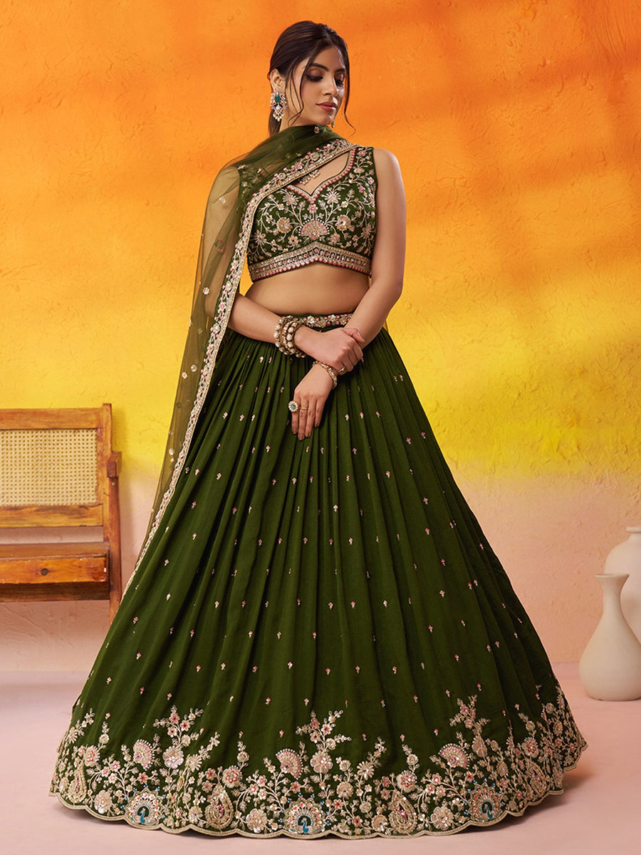 Olive Green Georgette Trendy Lehenga Choli with Beads Work