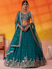 Teal Georgette Trendy Lehenga Choli with Beads Work