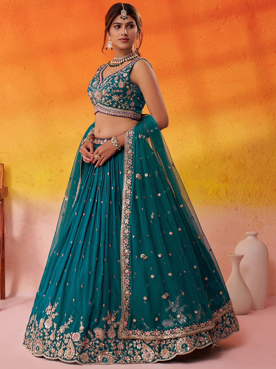 Teal Georgette Trendy Lehenga Choli with Beads Work