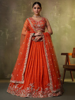 Orange Georgette Trendy Lehenga Choli with Beads Work