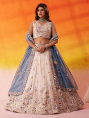 Light Blue & Beige Tissue Designer Lehenga Choli with Beads Work