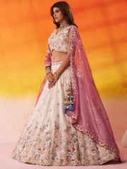 Pink & Beige Tissue Designer Lehenga Choli with Beads Work