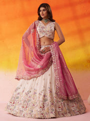 Pink & Beige Tissue Designer Lehenga Choli with Beads Work