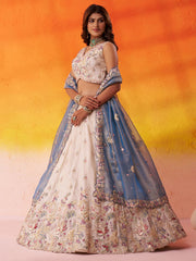 Light Blue & Beige Tissue Designer Lehenga Choli with Beads Work