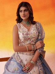 Light Blue & Beige Tissue Designer Lehenga Choli with Beads Work