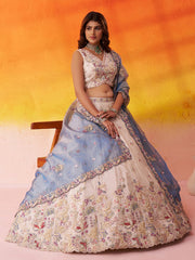 Light Blue & Beige Tissue Designer Lehenga Choli with Beads Work