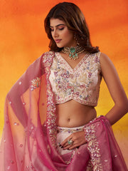 Pink & Beige Tissue Designer Lehenga Choli with Beads Work