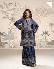 Navy Blue Traditional Mirror Work Crepe Silk Sharara Suit