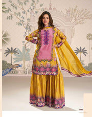 Mustard Yellow Traditional Mirror Work Crepe Silk Sharara Suit