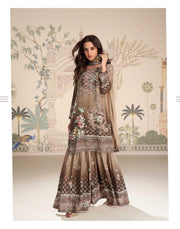 Brown Traditional Mirror Work Crepe Silk Sharara Suit