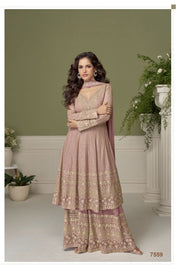 Pink Faux Georgette Embroidered Sequins Mirror Work Hand Work Palazzo Suit