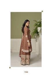 Brown Faux Georgette Embroidered Sequins Mirror Work Hand Work Palazzo Suit
