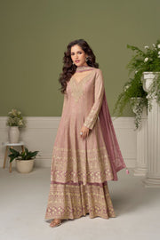 Pink Faux Georgette Embroidered Sequins Mirror Work Hand Work Palazzo Suit