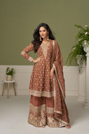 Brown Faux Georgette Embroidered Sequins Mirror Work Hand Work Palazzo Suit