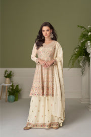 off white Faux Georgette Embroidered Sequins Mirror Work Hand Work Palazzo Suit