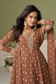 Brown Faux Georgette Embroidered Sequins Mirror Work Hand Work Palazzo Suit