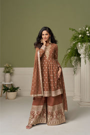 Brown Faux Georgette Embroidered Sequins Mirror Work Hand Work Palazzo Suit