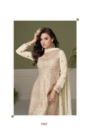 off white Faux Georgette Embroidered Sequins Mirror Work Hand Work Palazzo Suit