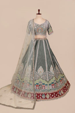 Sage Green Hand-Embroidered Bridal Lehenga Set with Dupatta