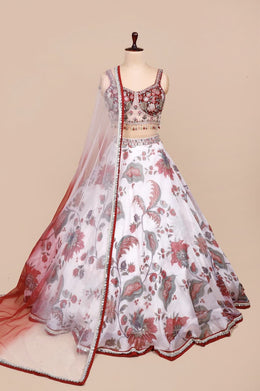 Ivory & Maroon Floral Lehenga with Hand-Embroidered Blouse
