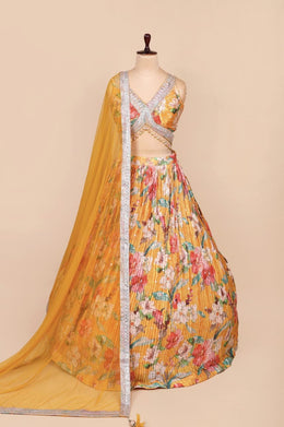 Mustard Floral Printed Lehenga Set with Embellished Blouse & Dupatta