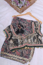 Black Paisley Printed Saree with Heavy Embroidered Blouse