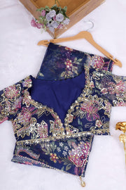 Navy Blue Floral Embroidered Saree with Designer Blouse