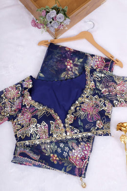 Navy Blue Floral Embroidered Saree with Designer Blouse