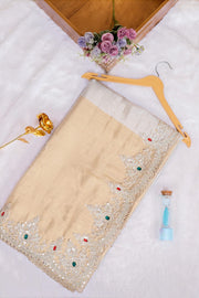 Elegant Beige & Ivory Embroidered Silk Blend Saree with Stone Work Border