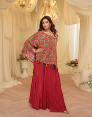 Cherry red Indo Western Party Wear for Ladies off Shoulder Top Sharara