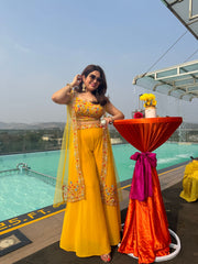 Yellow Floral Embellished Crop Top ,Palazzos & Shrug