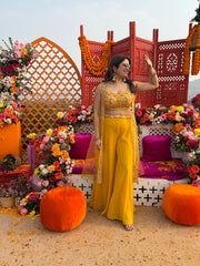 Yellow Floral Embellished Crop Top ,Palazzos & Shrug