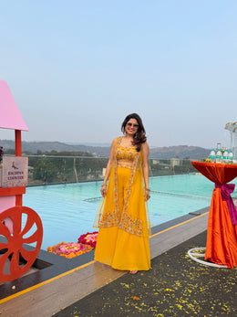 Yellow Floral Embellished Crop Top ,Palazzos & Shrug