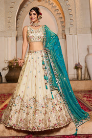 Ivory Embroidered Bridal Lehenga Choli with Sequin Work and Teal Dupatta
