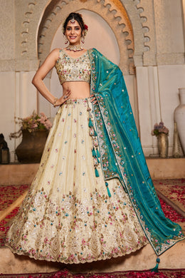 Ivory Embroidered Bridal Lehenga Choli with Sequin Work and Teal Dupatta