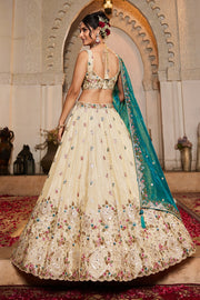 Ivory Embroidered Bridal Lehenga Choli with Sequin Work and Teal Dupatta