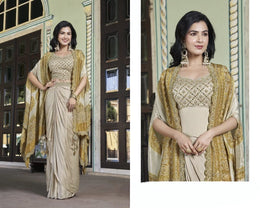 Beige Indo-Western Crop Top Draped Skirt with Cape Set