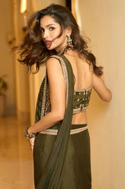 Dark Green Chinoon Pre-Drape Saree