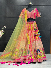 Rani Pink Traditional Embroidered multi colour Lehenga Choli with Net Dupatta